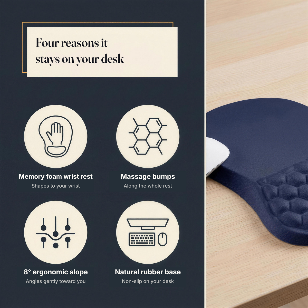 Mouse pad features: memory foam wrist rest, massage bumps, 8 degree slope, natural rubber non-slip base