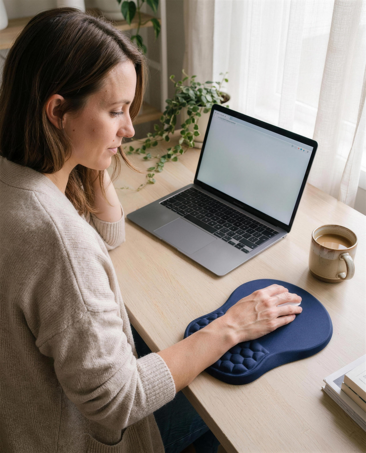 Ergonomic mouse pad with wrist rest in use on a desk