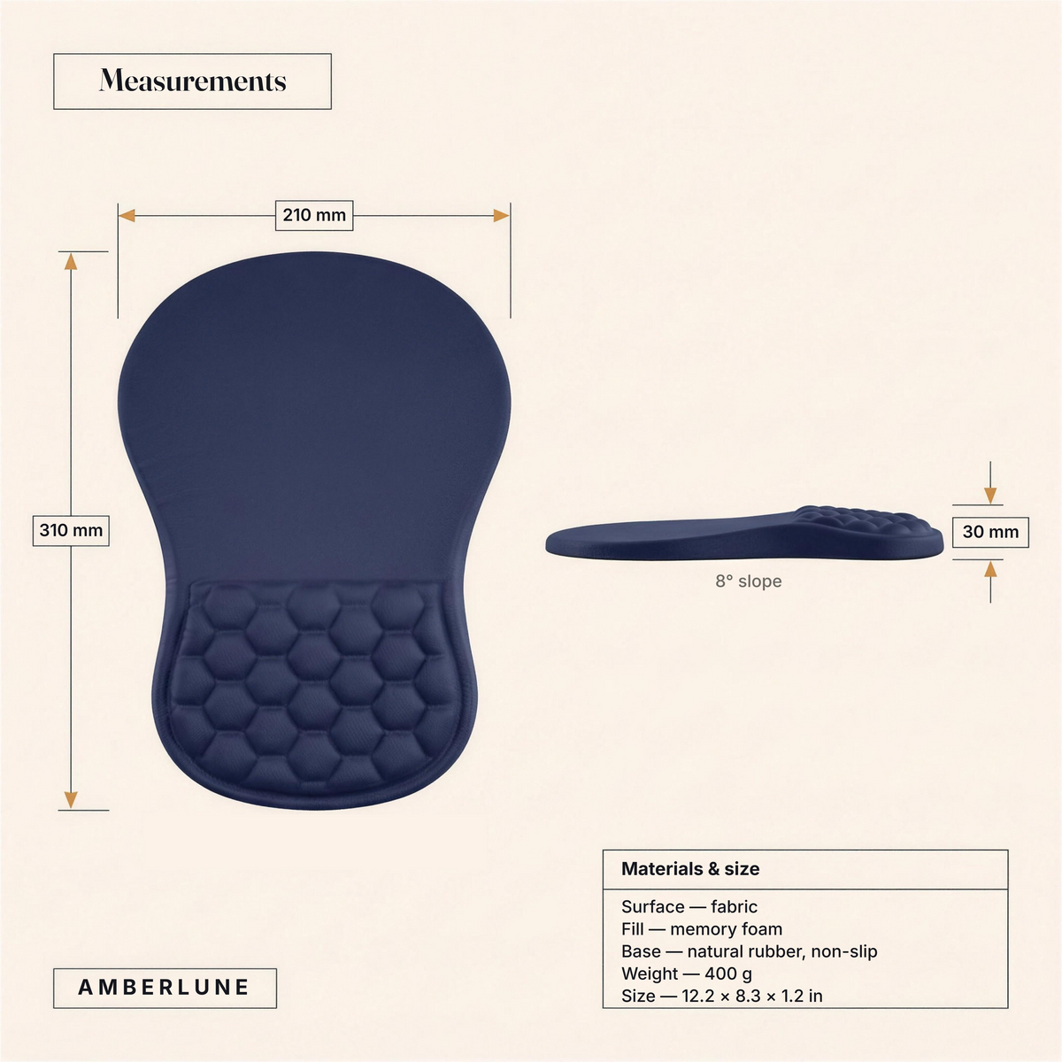 Mouse pad dimensions: 310 x 210 x 30 mm, 400 g, fabric surface, memory foam, natural rubber base